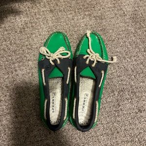 Sperry green, and navy, women’s boat shoes, size 8.
